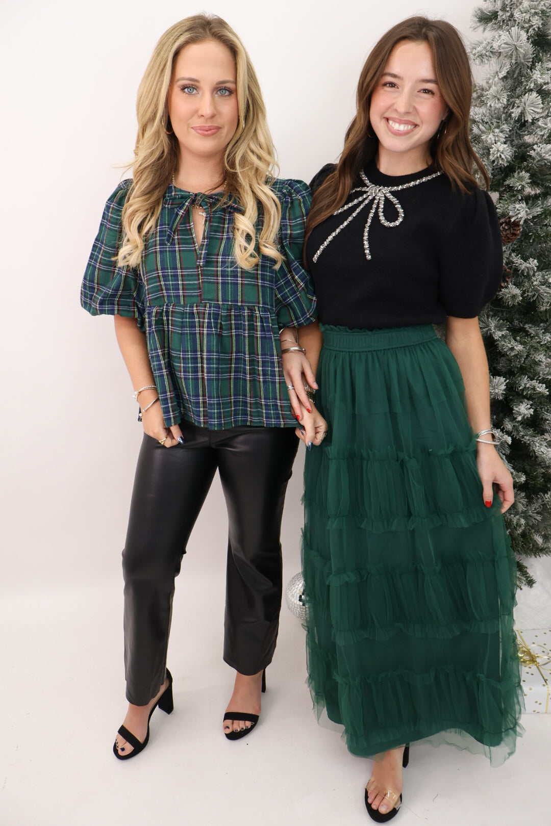 Plaid Babydoll Tie Front Top - Green