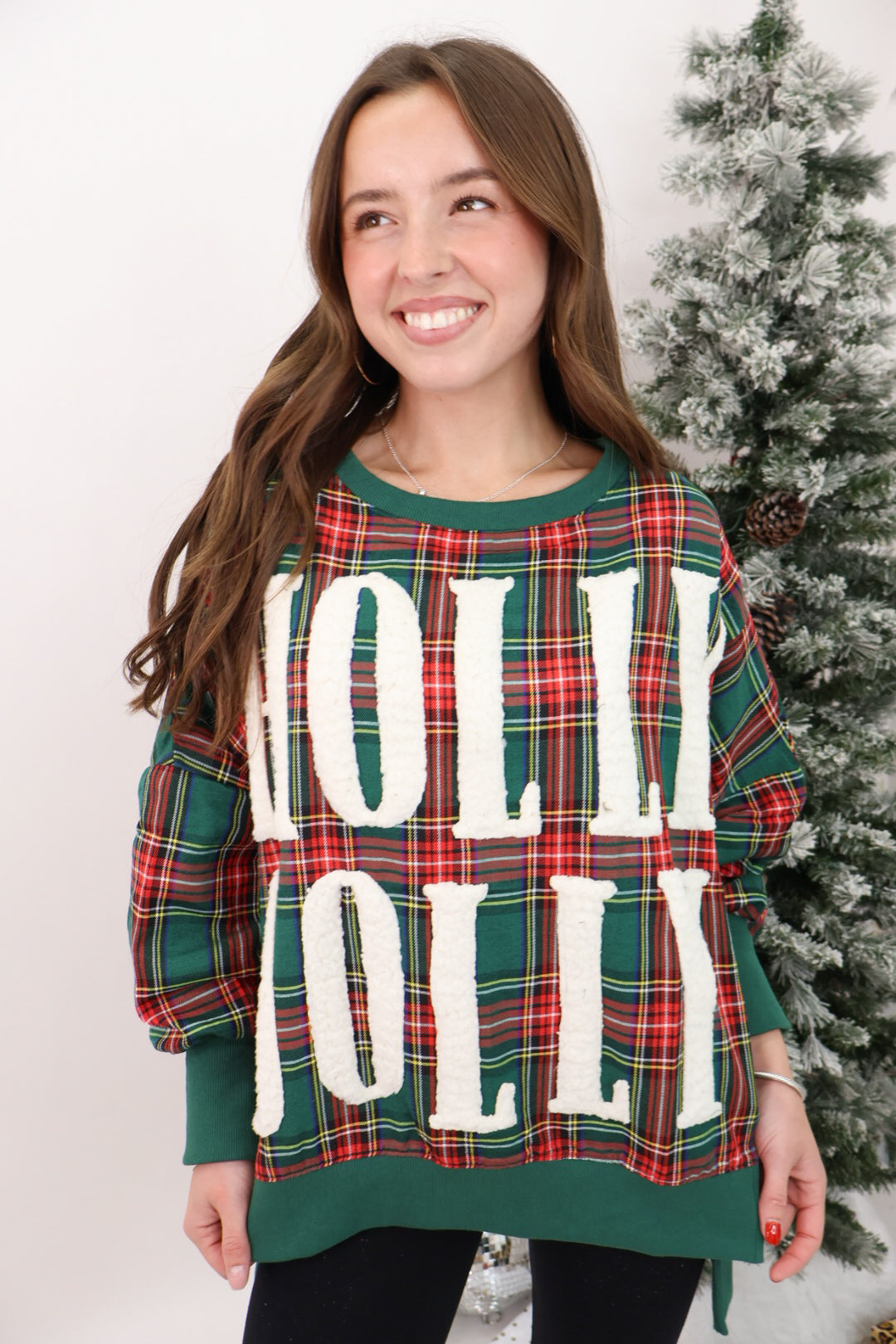 Green Plaid Chenille Patch Holly Jolly Pullover