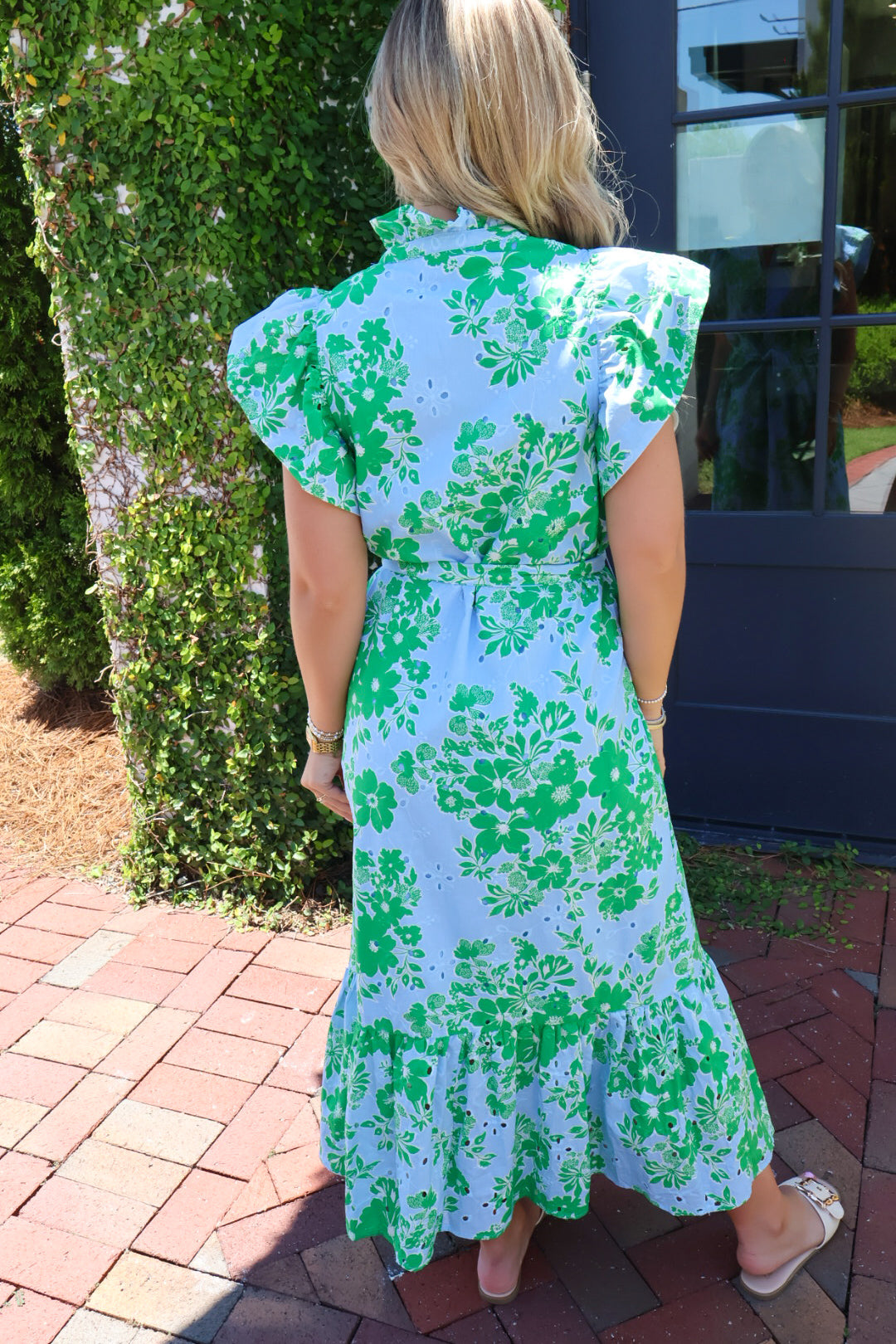 Eyelet Floral Belted Midi Dress - Blue Green
