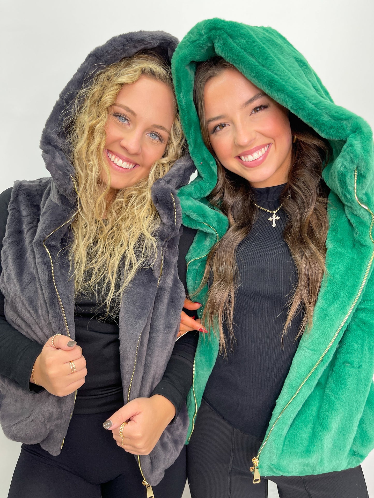 Faux Fur Hooded Vest - Green