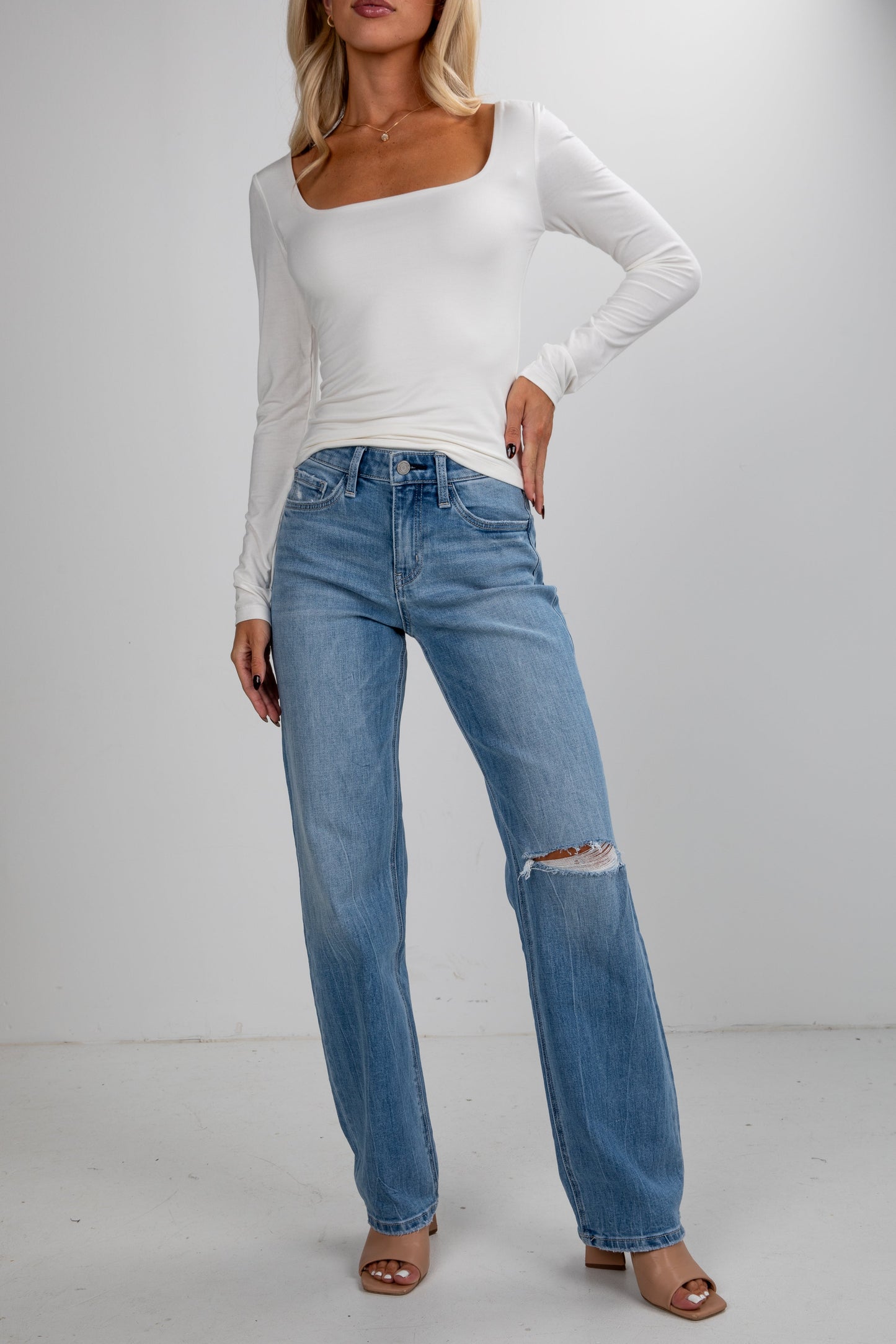 Ellie Light Wash High-Rise Distressed Slim Wide Leg Jeans