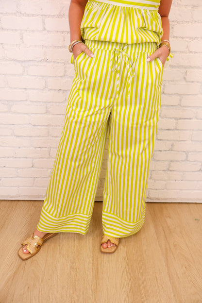 Striped Tie Shoulder Top + Pant Set - Lime
