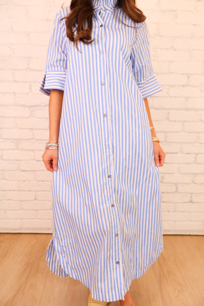 Blue & White Striped Button Front Midi Dress