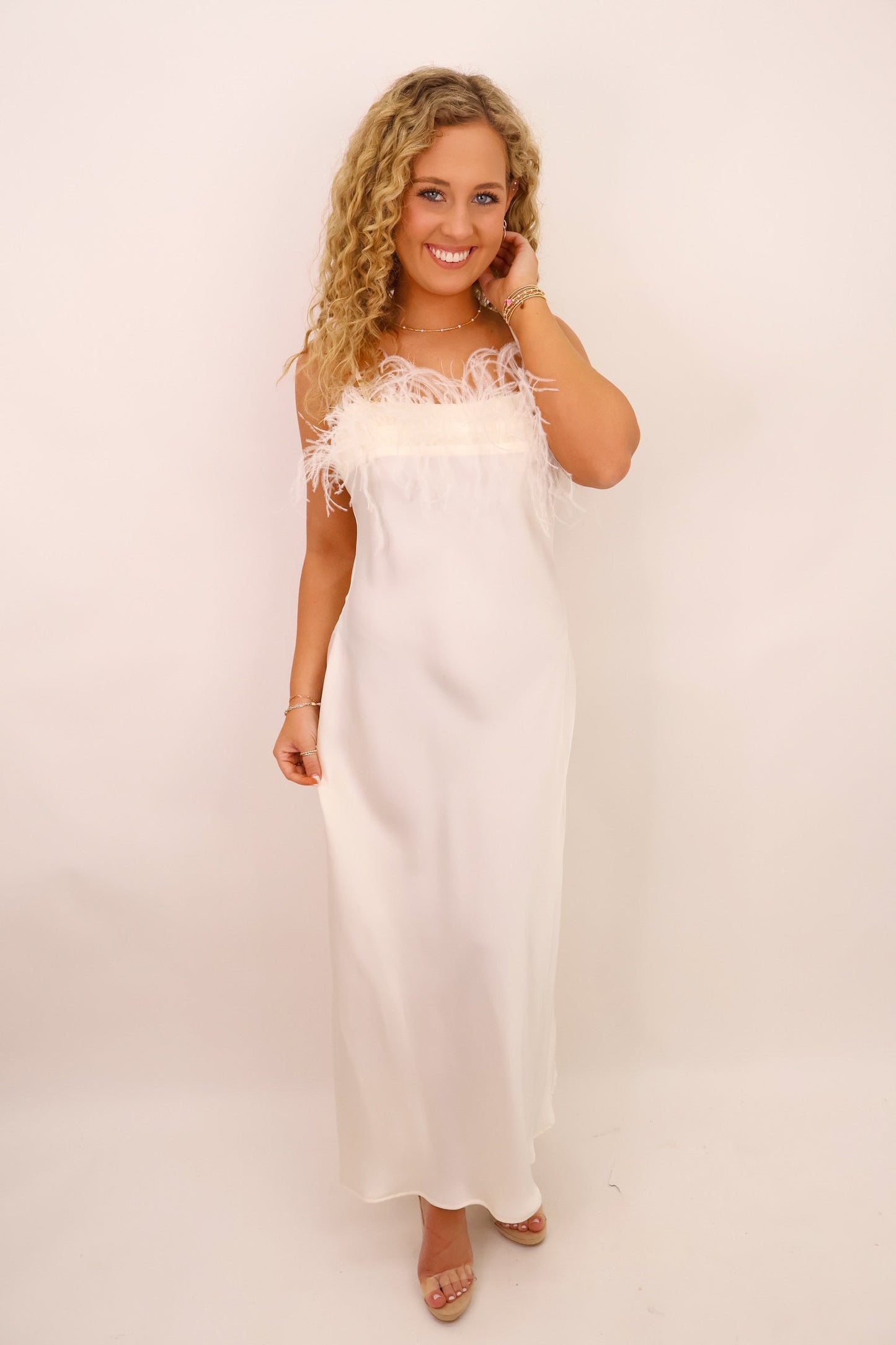 Ivory Feather Trim Slip Dress