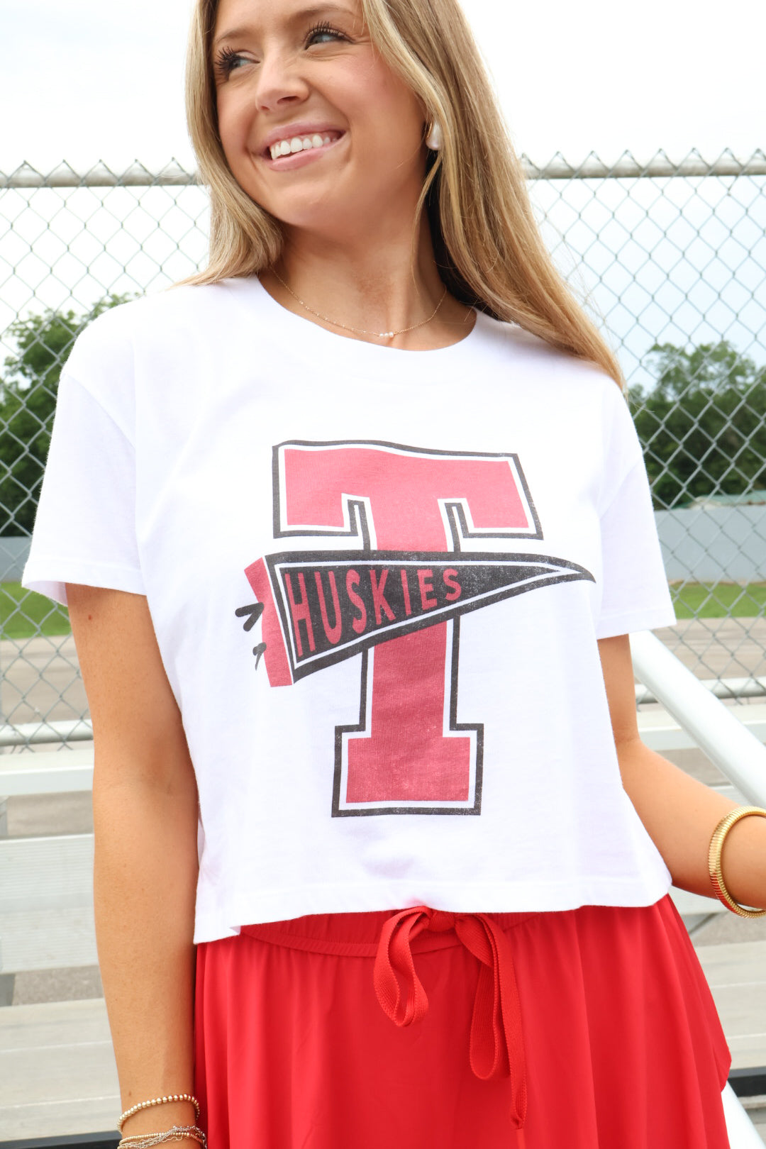 Trussville Huskies Pennant Mom Crop Tee