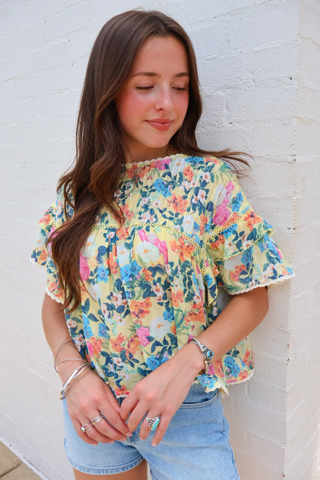 Yellow Garden Floral Ruffle Sleeve Top