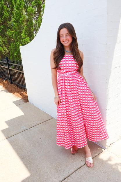 Checkered Midi Dress - Pink