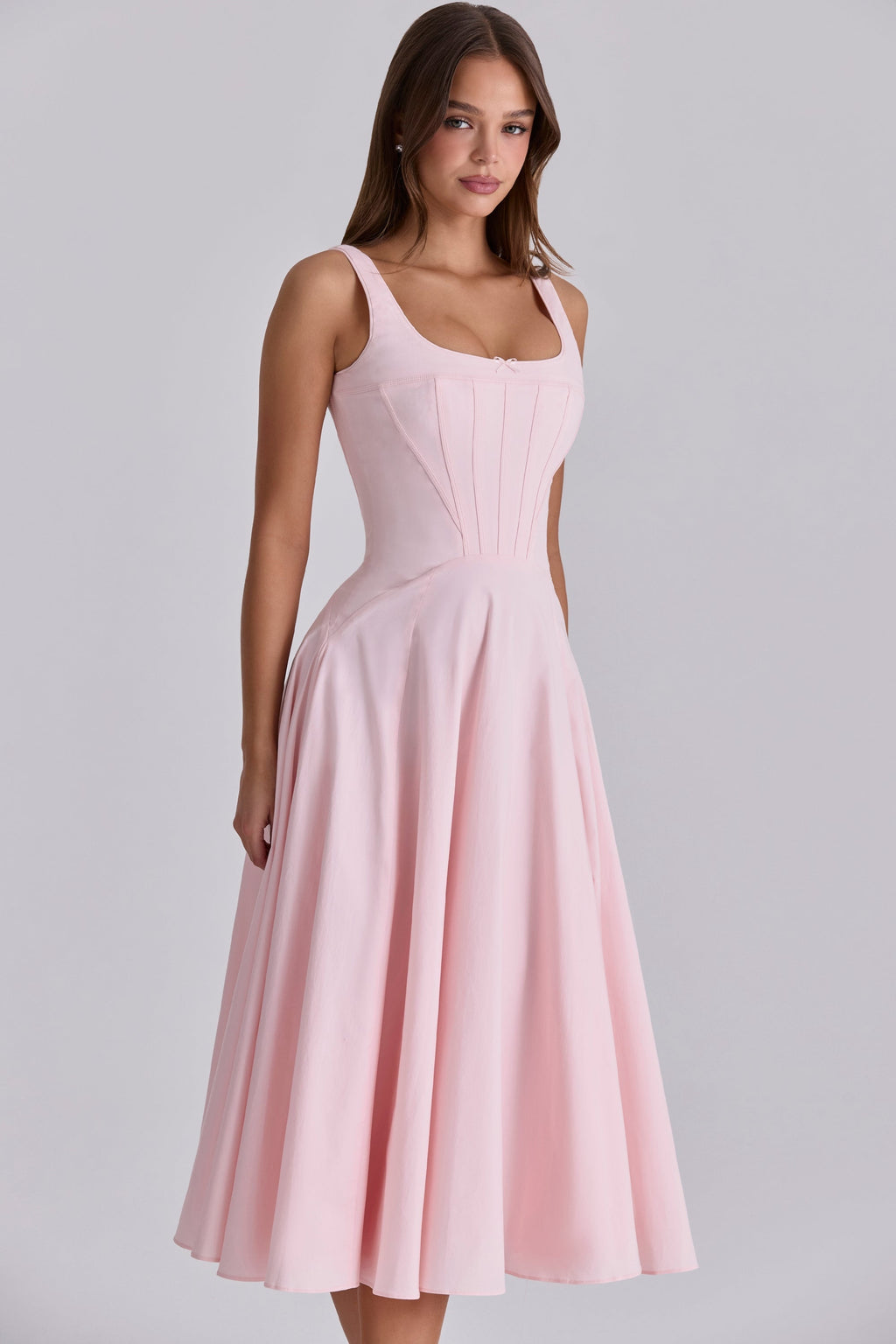 pink cotton lace up midi sundress