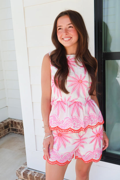 Pink Embroidered Peplum Top & Shorts Set
