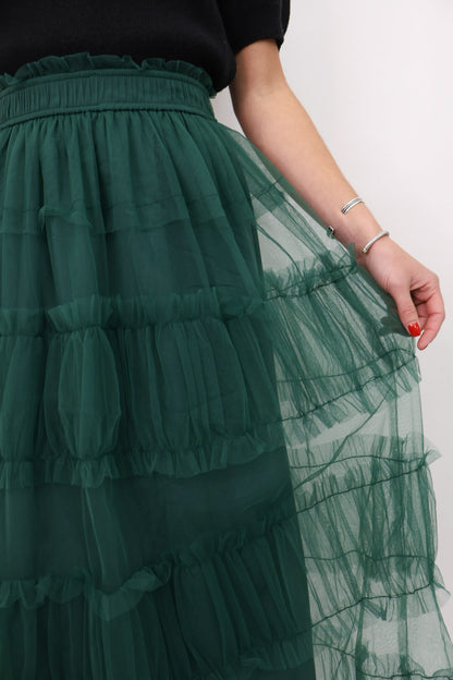 Green Tiered Tulle Midi Skirt