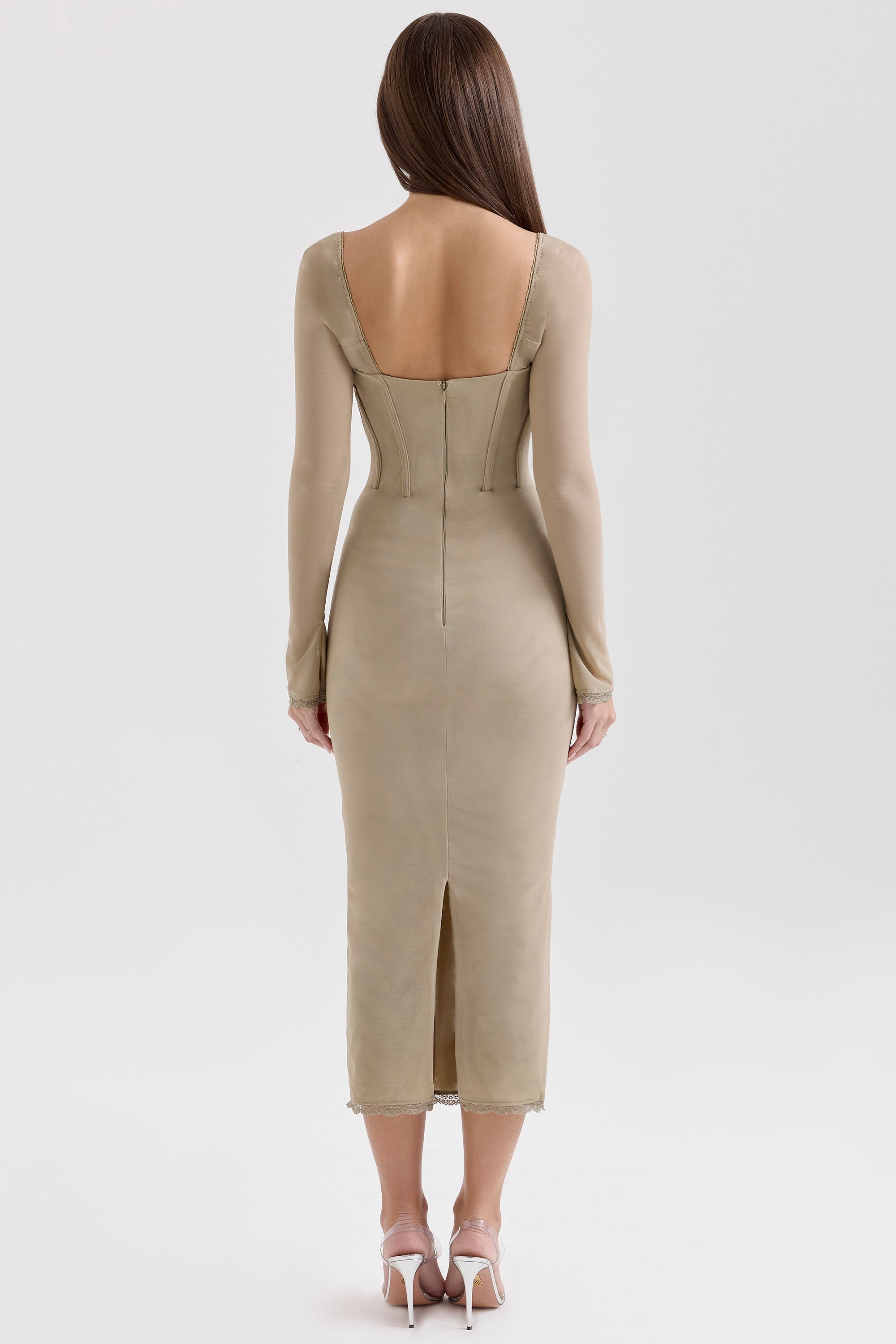 beige mesh long sleeve bodycon midi dress