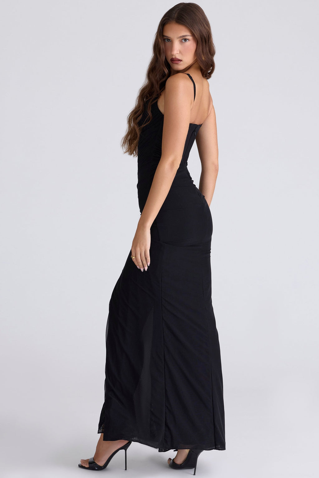 black stretch mesh draped maxi dress