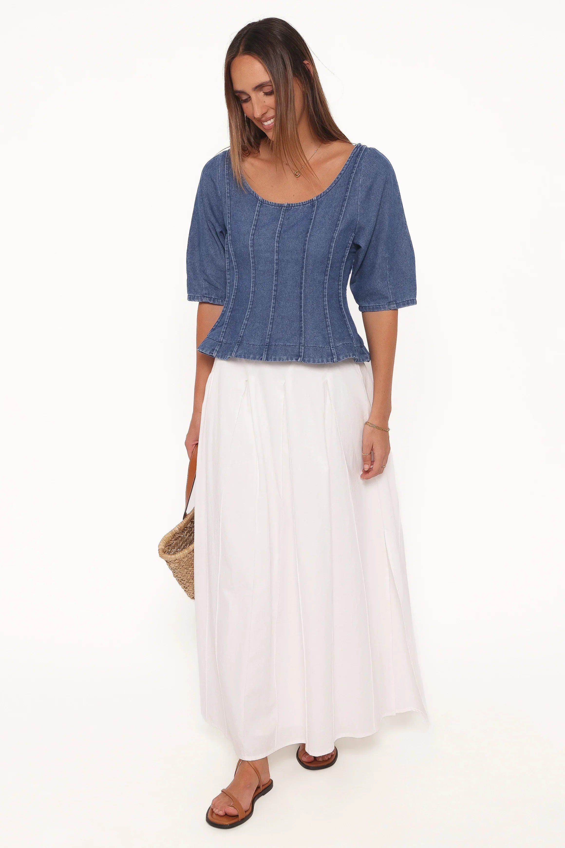 Saylor Denim Peplum Top - Blue Medium Wash