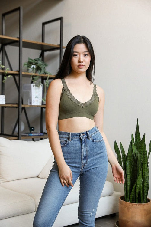 Lace Trim Padded Bralette (Olive)