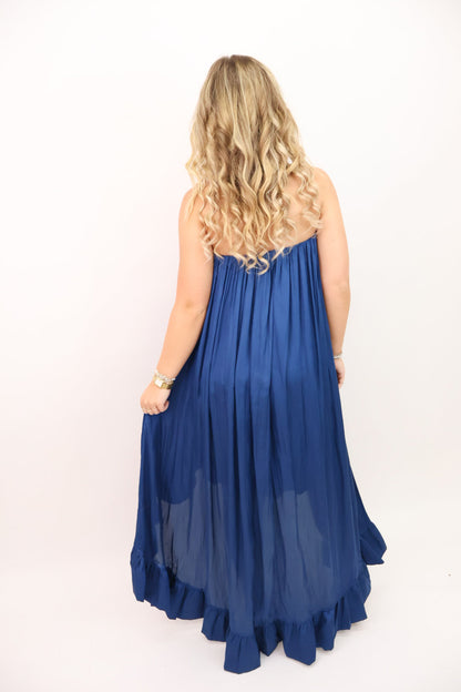 Satin Strapless High-Low Maxi Dress - Midnight Blue