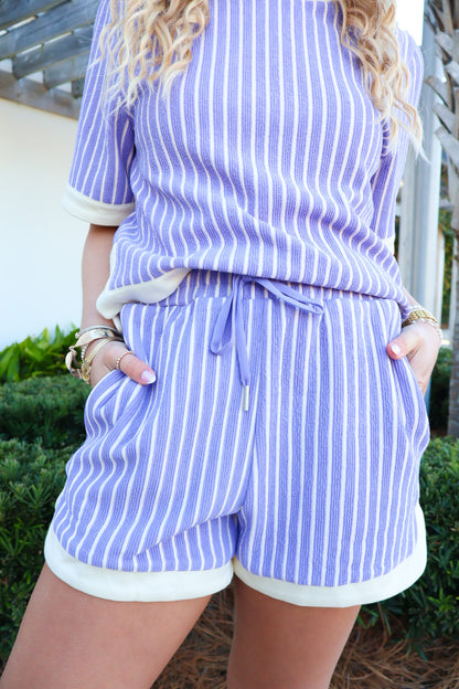 Periwinkle Stripe Contrast Trim Short Set