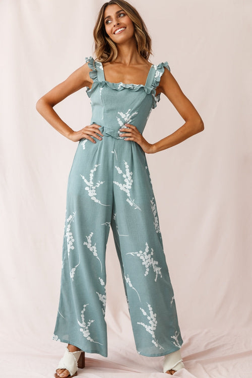 Azure Frill Strap Wide Leg Jumpsuit Sage