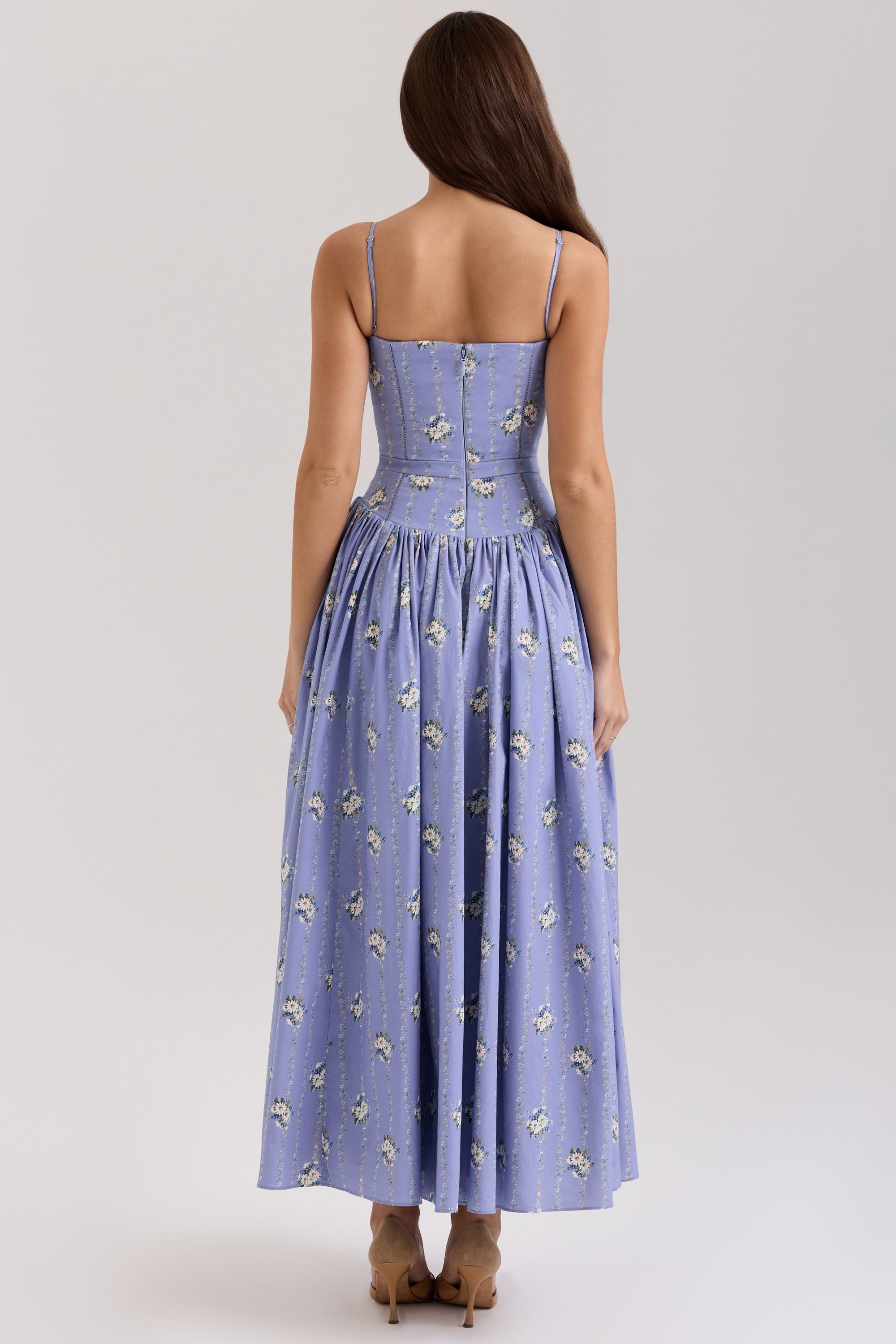 blue daisy print stretch cotton midi sundress