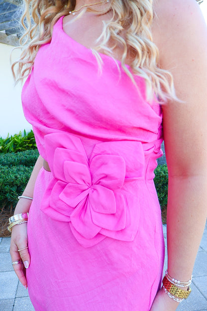 Pink One-Shoulder Flower Detail Maxi Dress