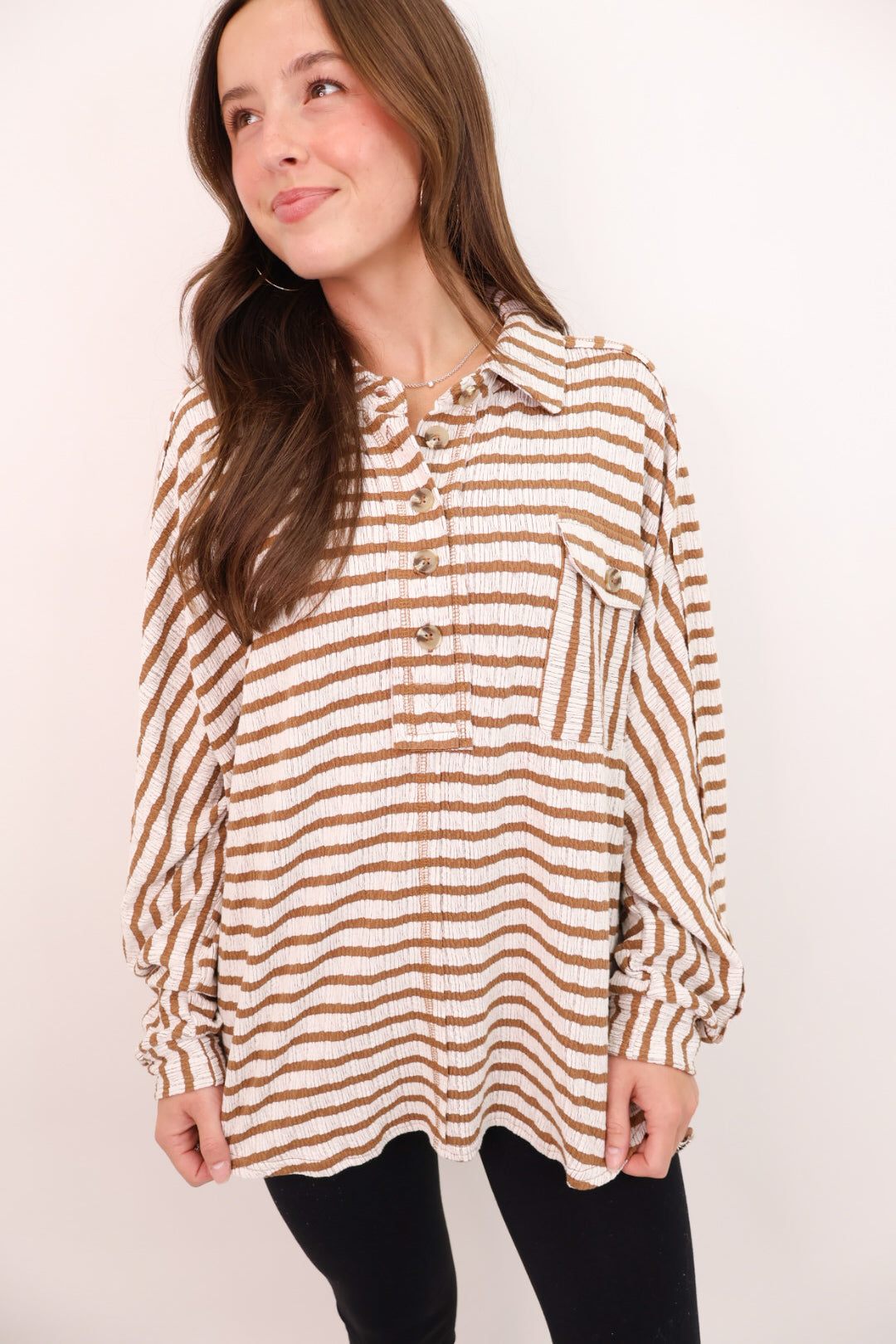 Textured Camel Stripe Henley Top