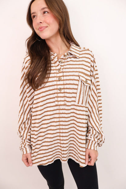 Textured Camel Stripe Henley Top