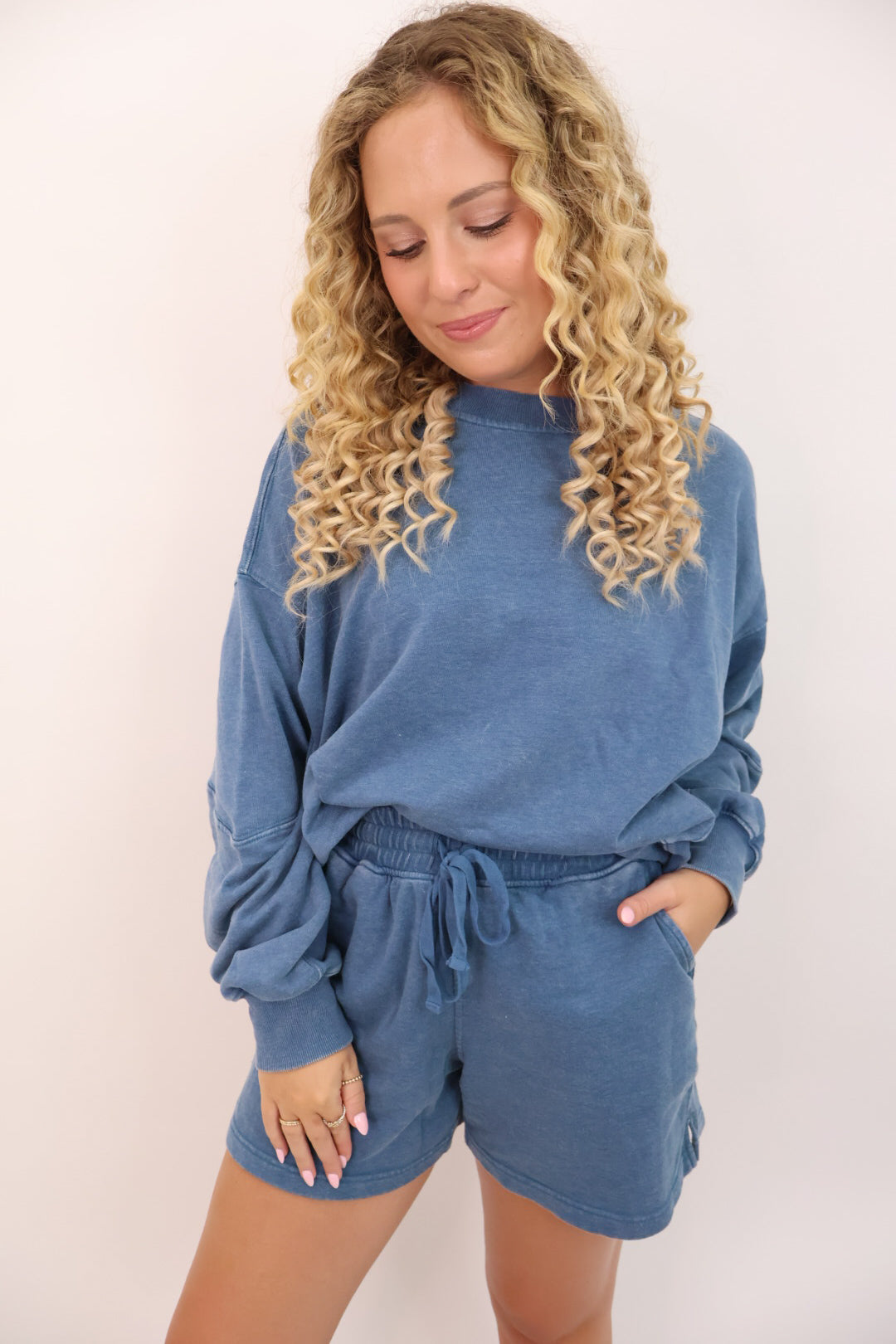 French Terry Pullover and Short Set - Blue Denim