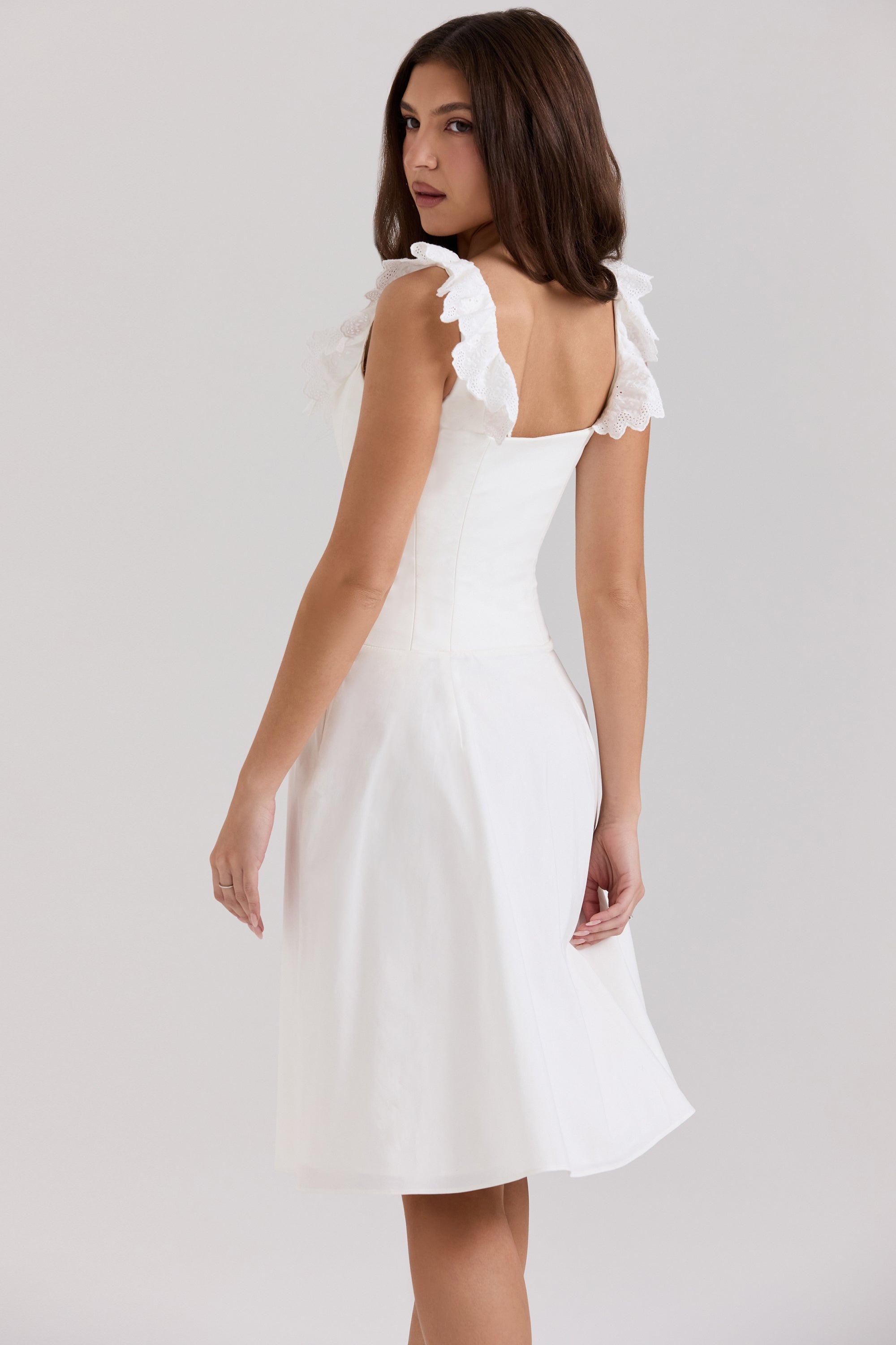white cotton broderie anglaise trim midi dress