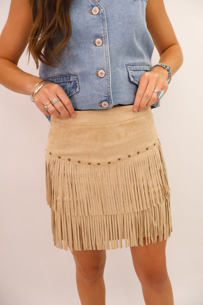 Studded Fringe Suede Skirt - Taupe