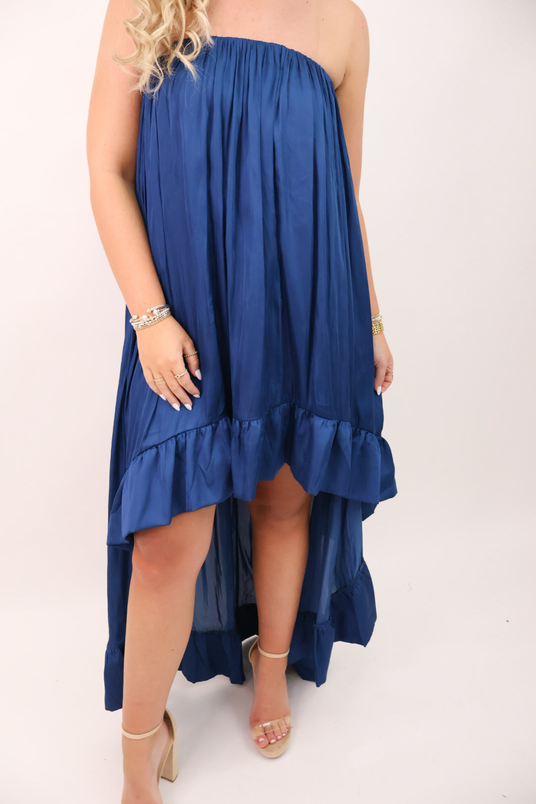 Satin Strapless High-Low Maxi Dress - Midnight Blue