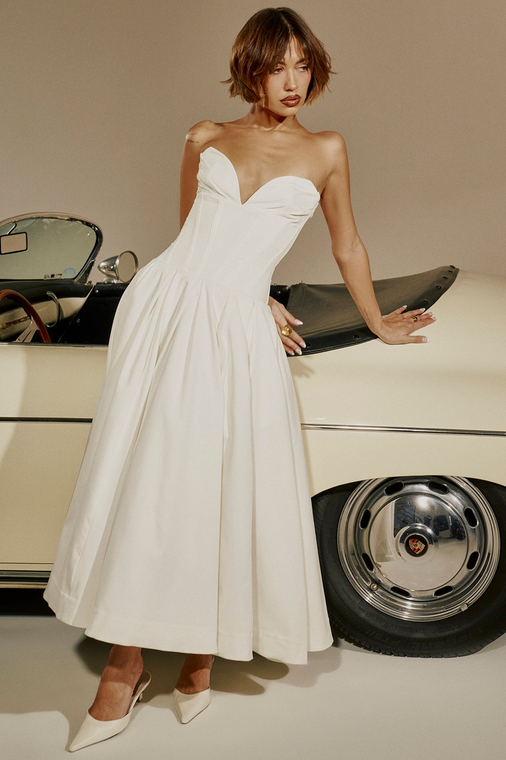 white strapless midi dress