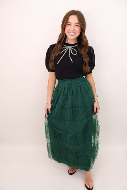 Green Tiered Tulle Midi Skirt