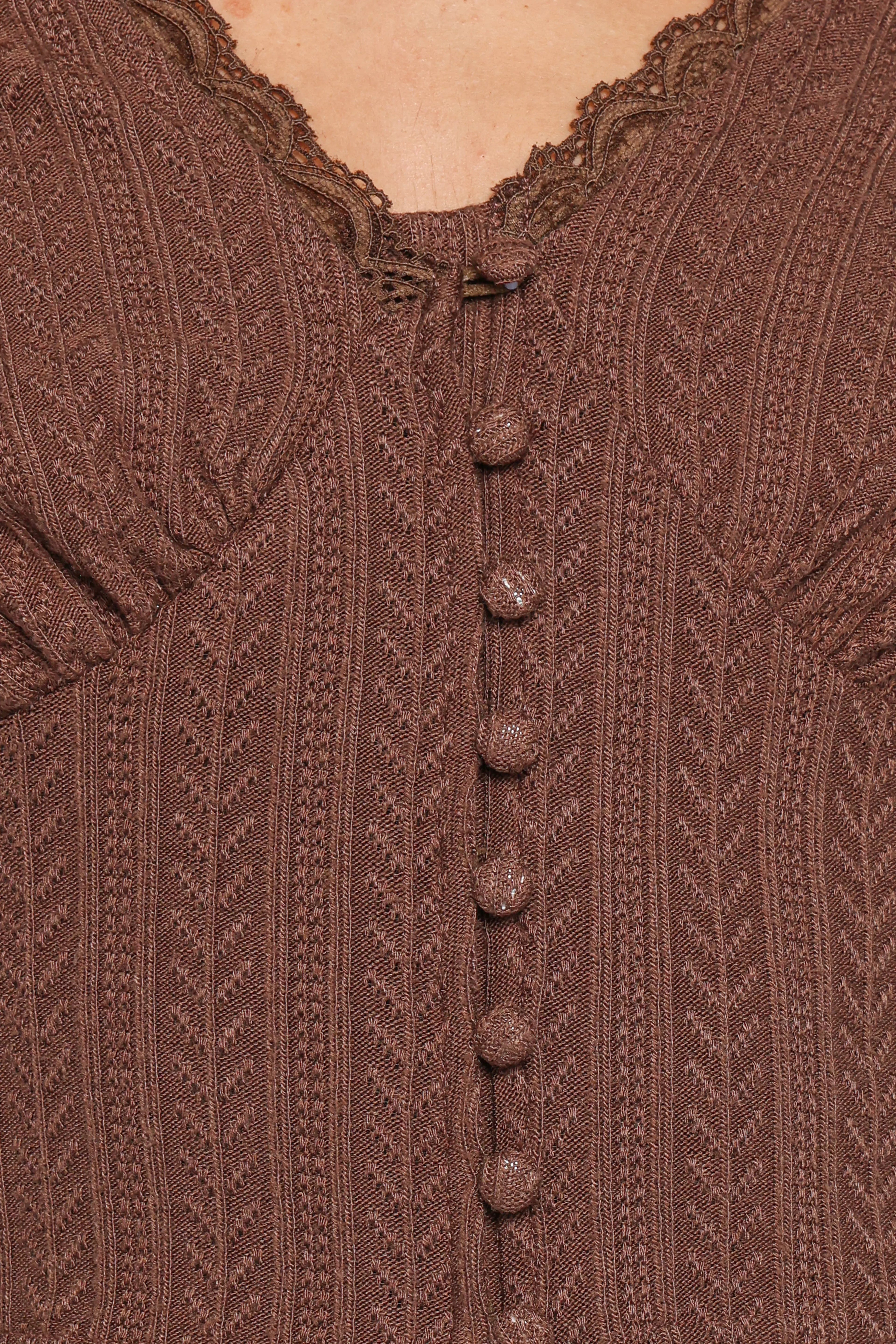 Leslie Long Sleeve Textured Button Front Top - Chocolate