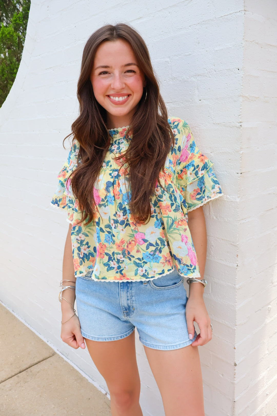 Yellow Garden Floral Ruffle Sleeve Top