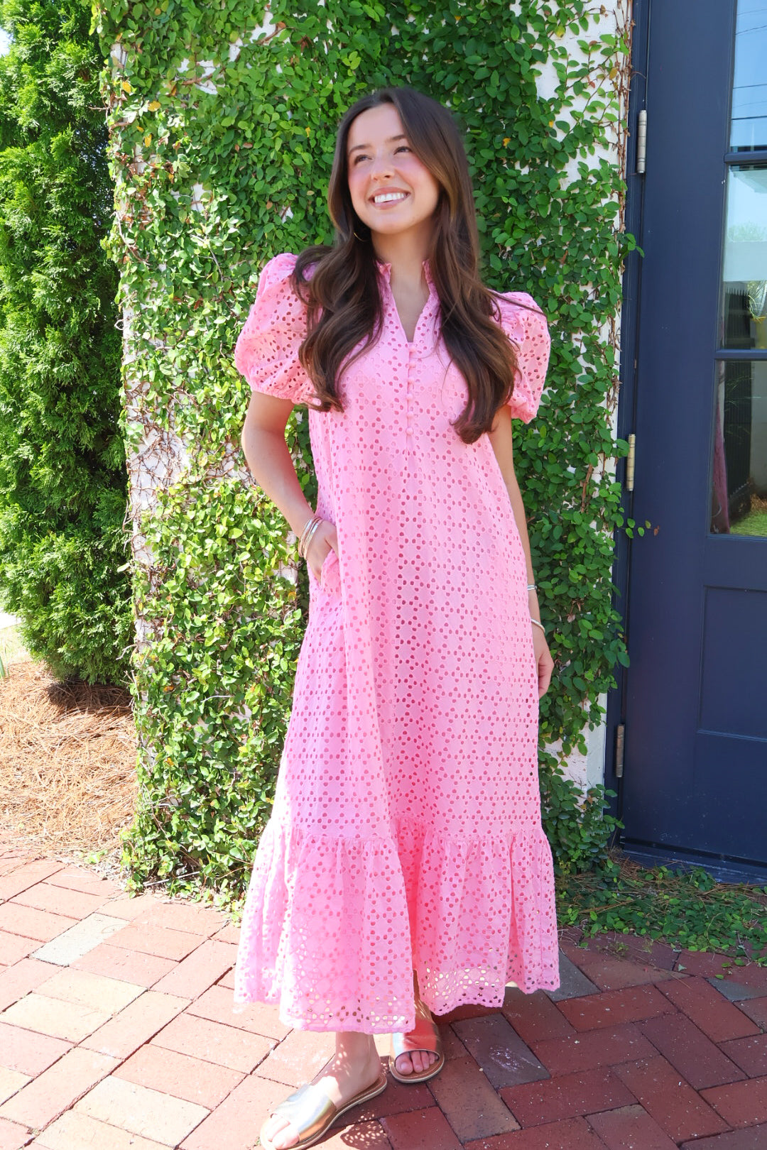Eyelet Midi Dress - Pink