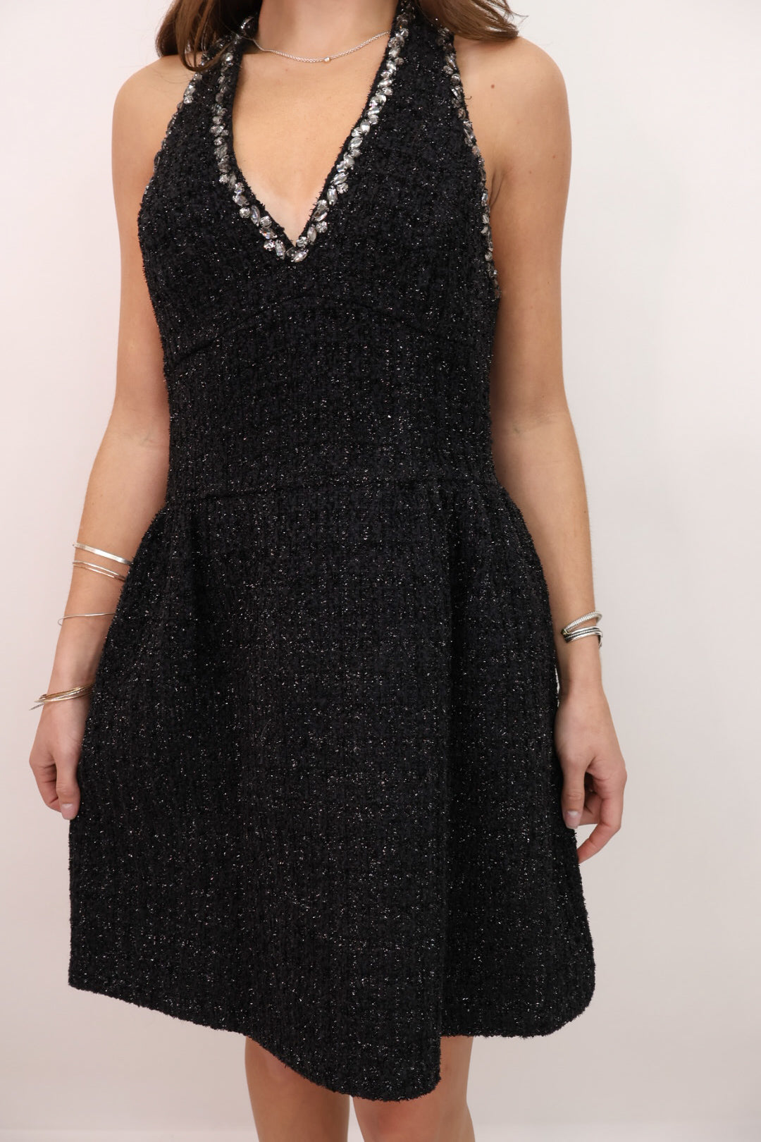 Black Tweed Rhinestone Halter Dress