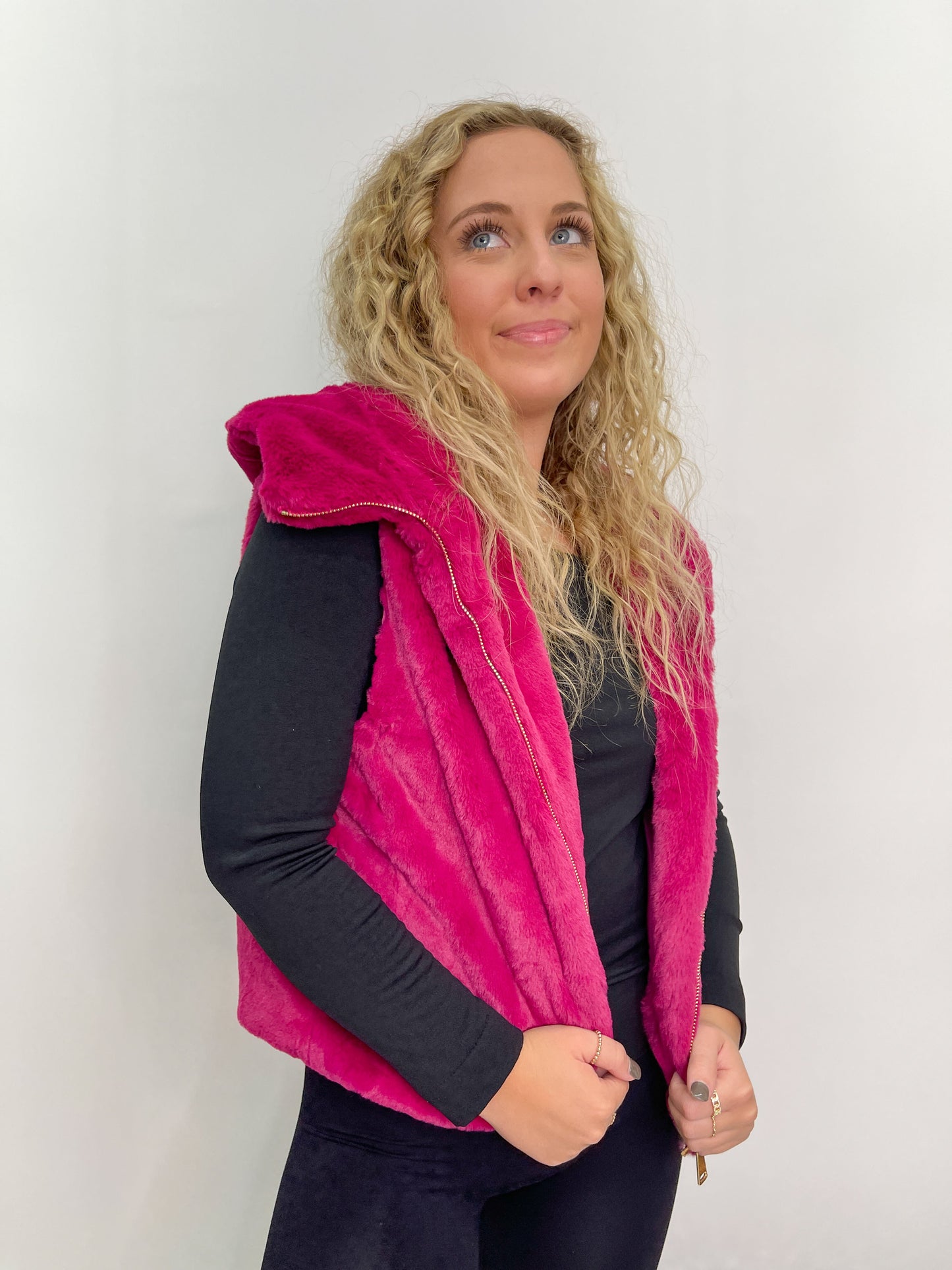 Faux Fur Hooded Vest - Magenta