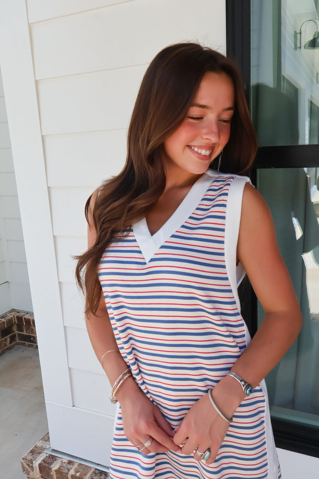 Red White & Blue Stripe V-Neck Dress