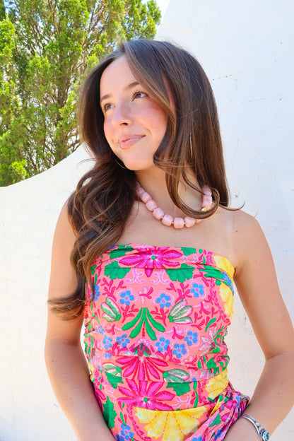 Pink Tropical Floral Strapless Romper