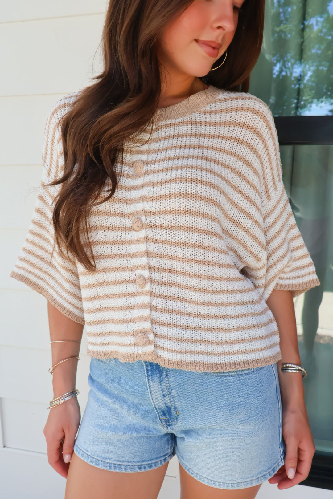 Taupe Striped Button Front Sweater