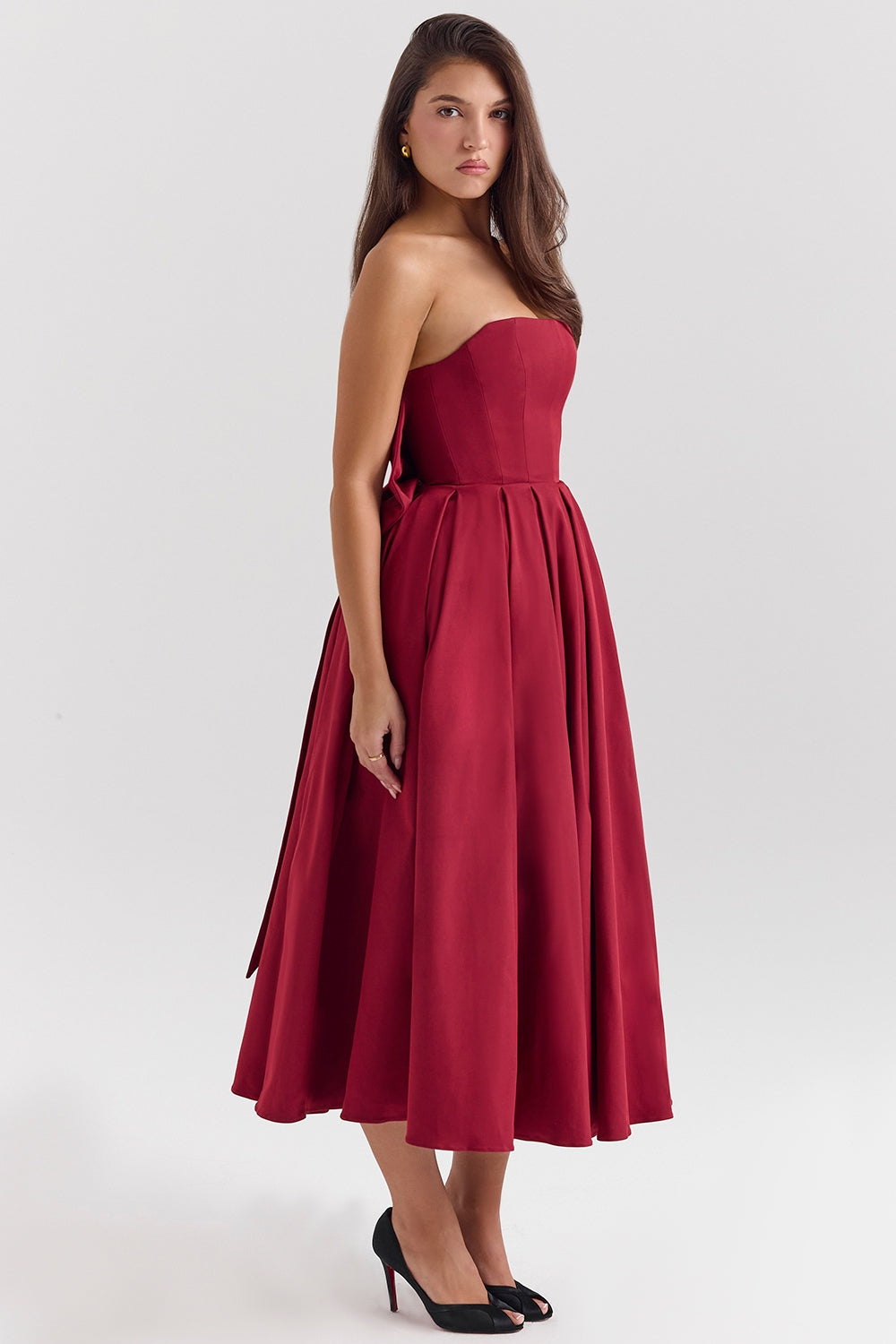 berry strapless detachable bow midi dress