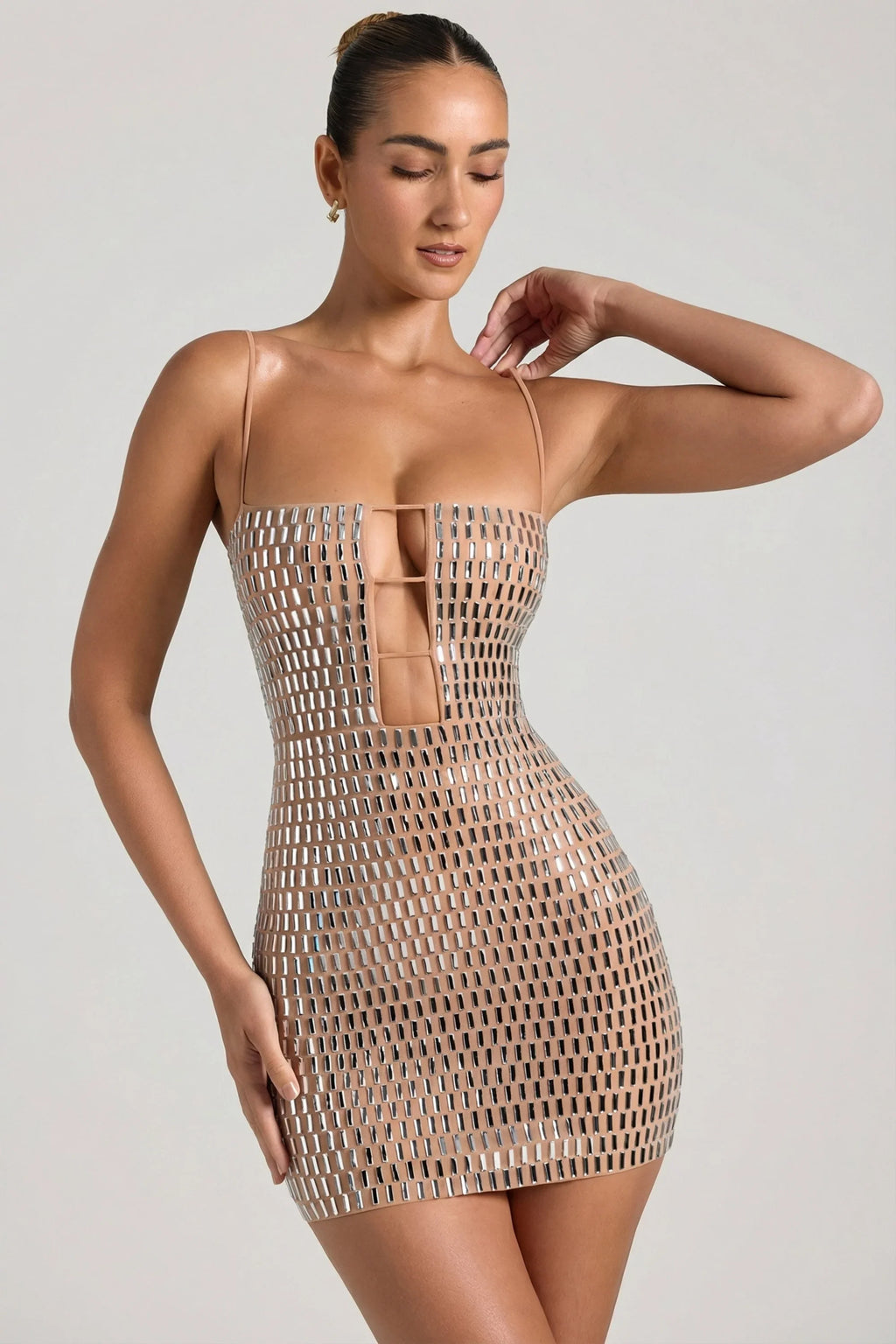Embellished Cut-Out Mini Dress in Honey