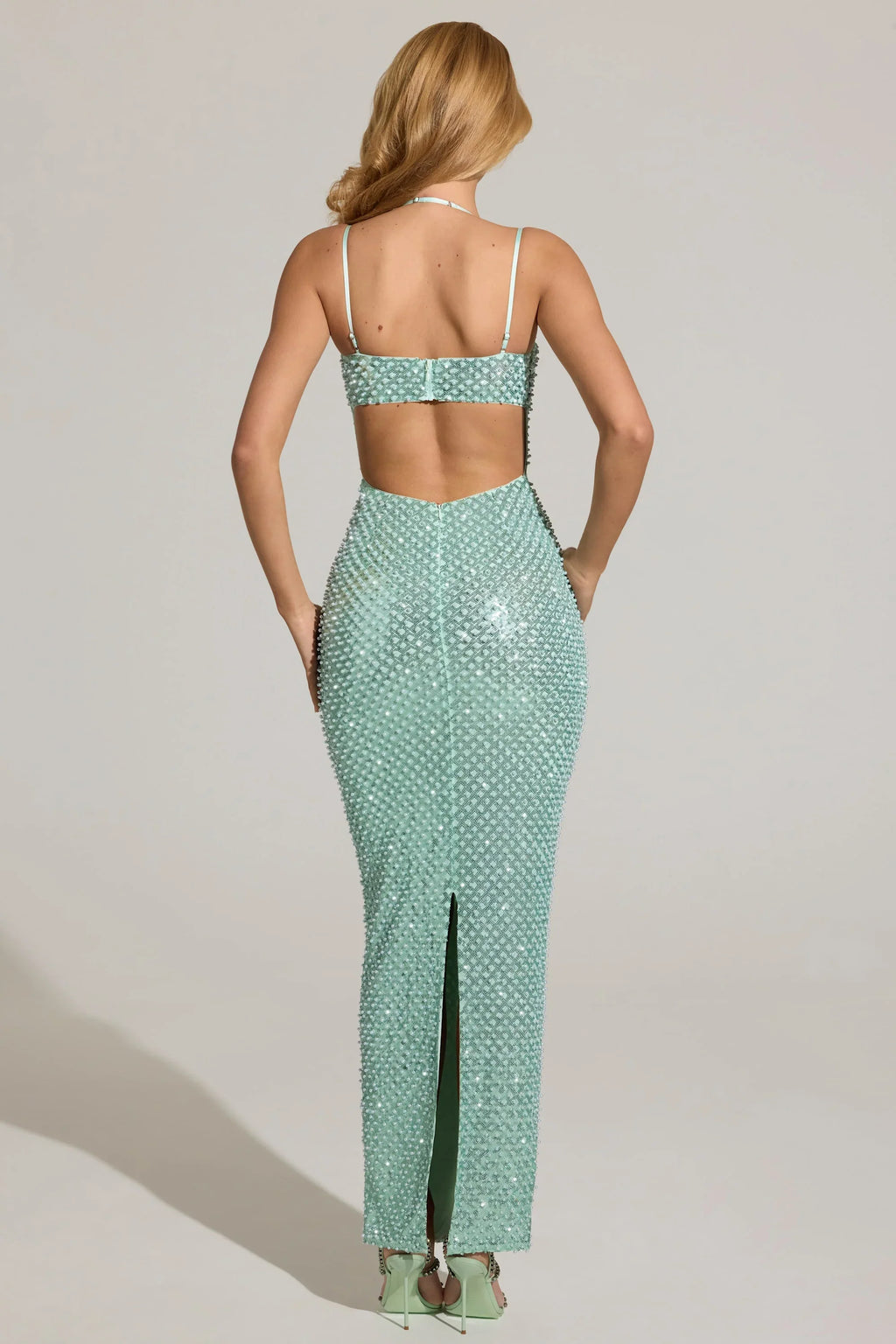 Embellished Cowl-Neck Maxi Dress in Aqua Blue