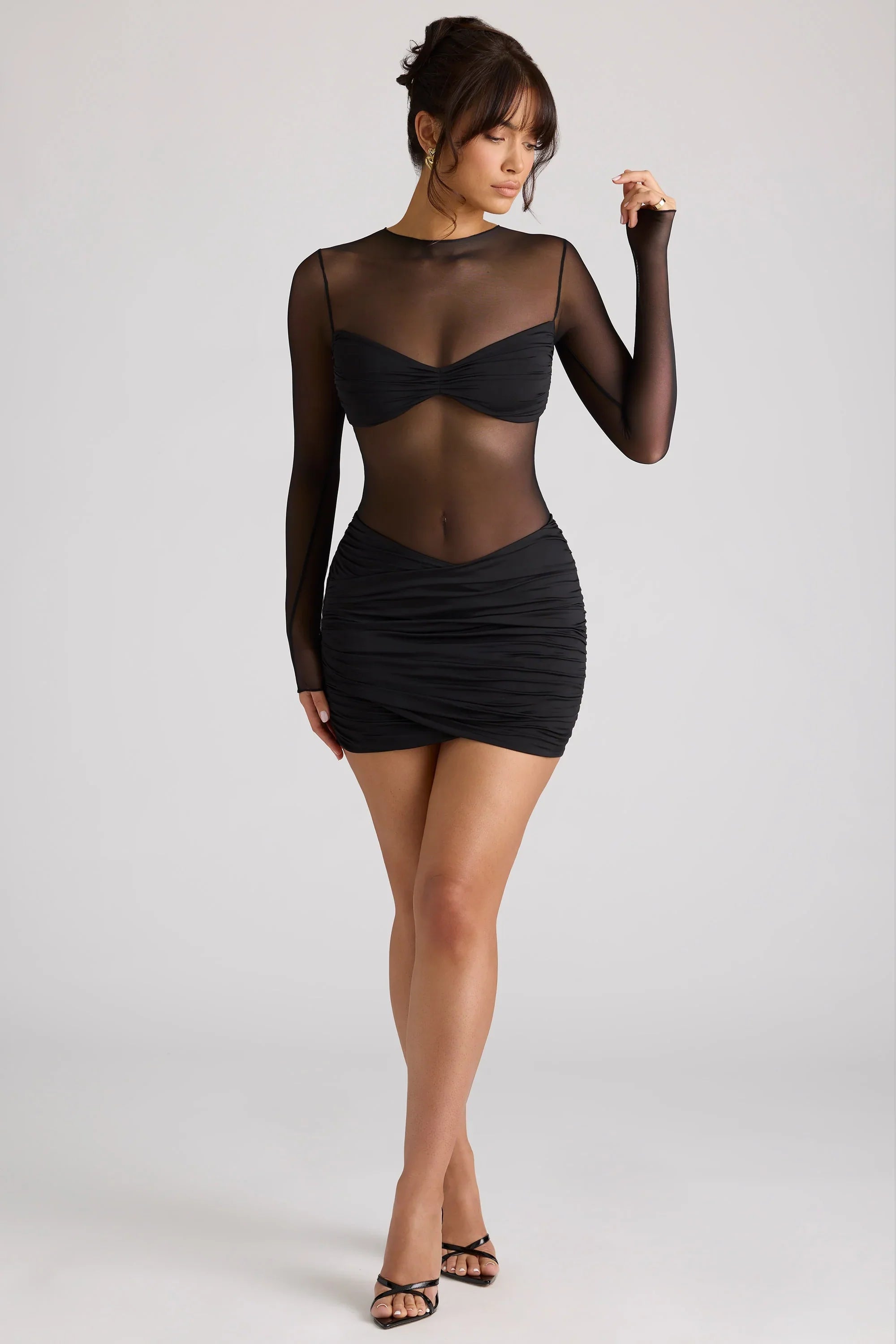 Sheer Panelled Long Sleeve Mini Dress in Black