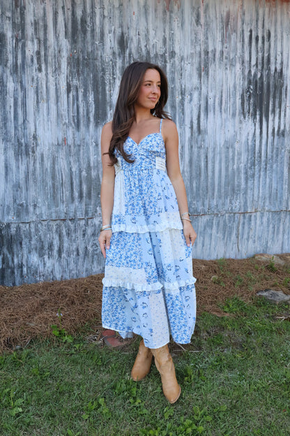 Blue Floral Patchwork Midi Dress