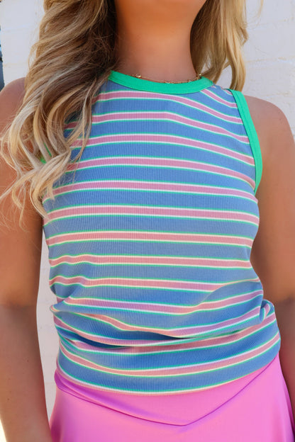 Multi Stripe Ribbed Tank - Blue/Key Lime