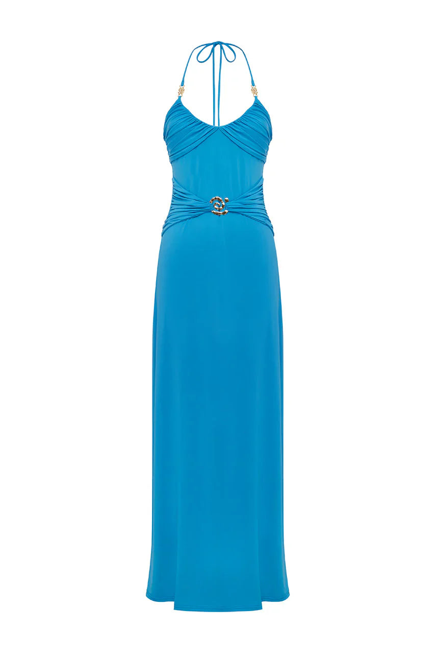 NINA RUCHED HALTER MAXI DRESS - OCEAN