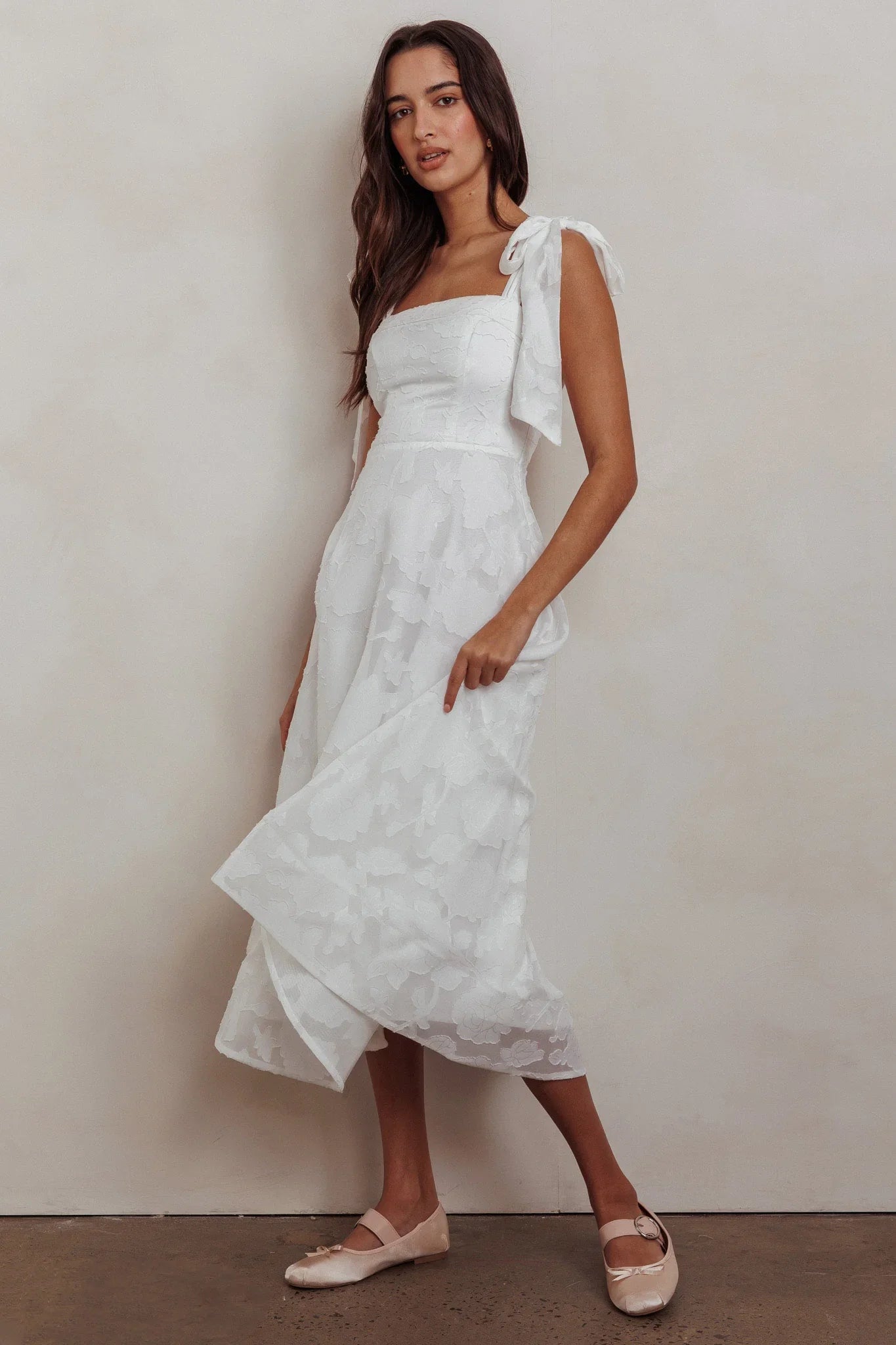 Jeanie Bow Shoulder Midi Dress Embossed White