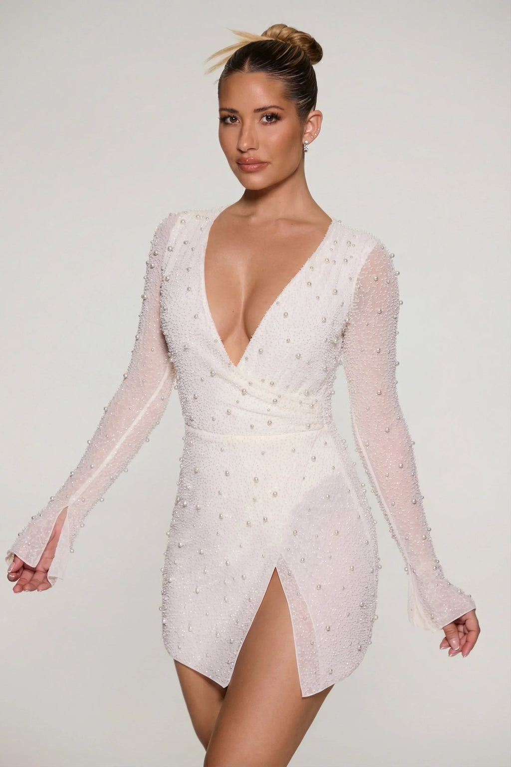 Embellished Wrap Over A-Line Mini Dress in Ivory