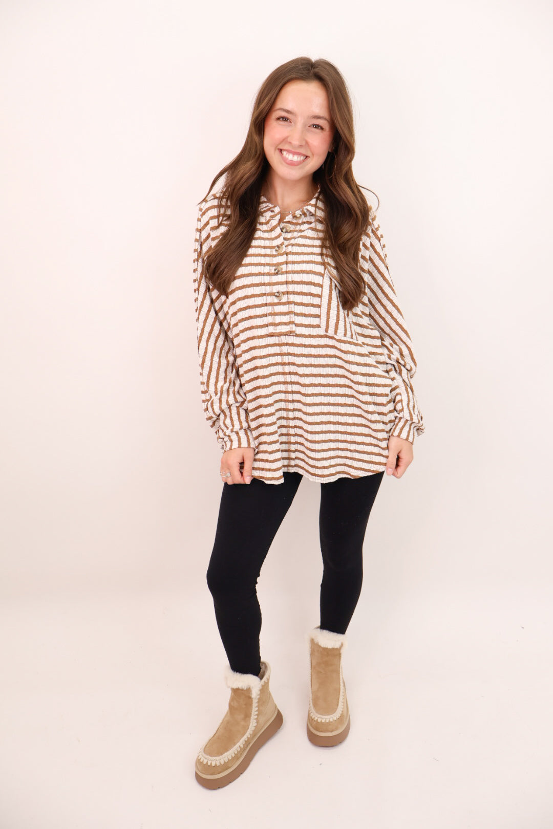 Textured Camel Stripe Henley Top