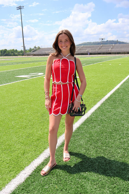 Red Scalloped Halter Top and Mini Skirt Set